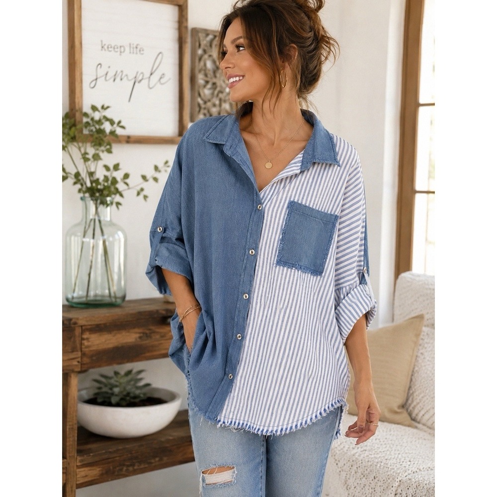 Bibi Blue‎ Stripe Color Block Button Front Shirt Small Oversized Raw Hem Fringe